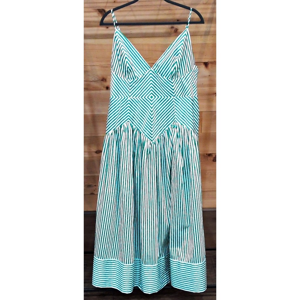 Farm Rio Midi Dress XL Green White Striped Cotton Geometric Retro Mod Elevated